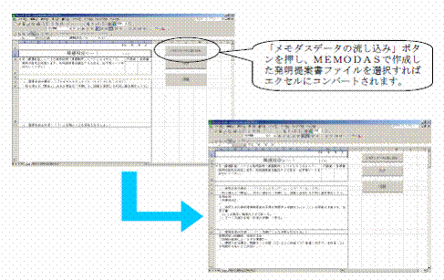 「メモダスデータの流し込み」ボタンを押し、ＭＥＭＯＤＡＳで作成した発明提案書ファイルを選択すればエクセルにコンバートされます。